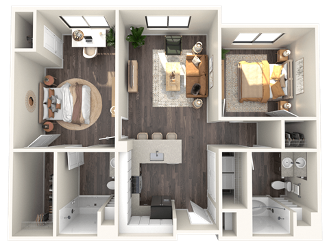A 3D floor plan of a small apartment with a kitchen, living room, and bathroom.